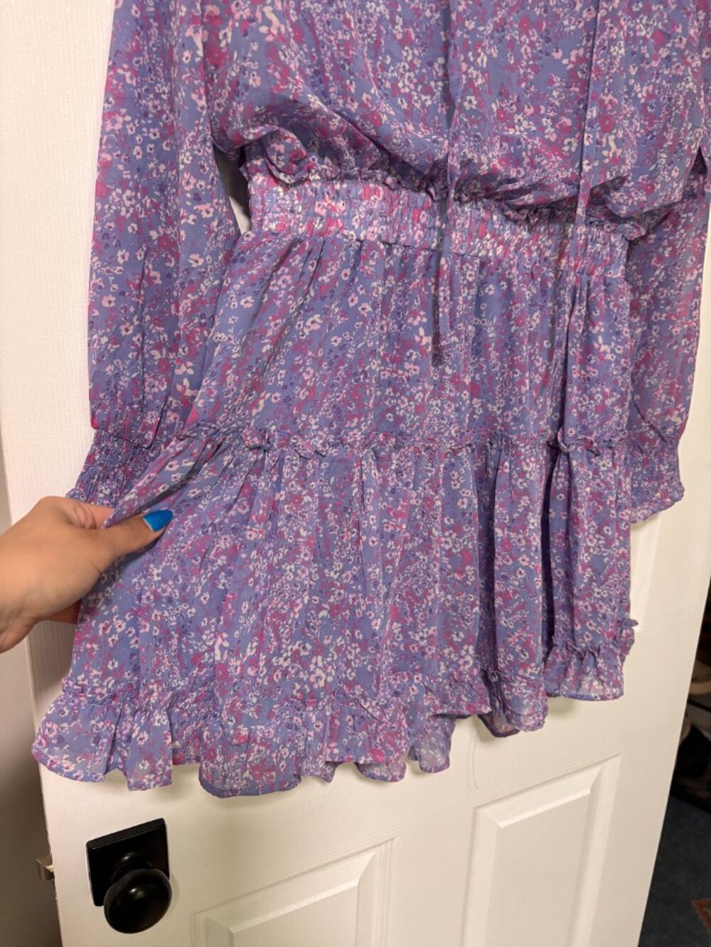 Floral Long Sleeve Ruffle Mini Dress | Lavender Bohemian Dress (Large) - Picture 7 of 10